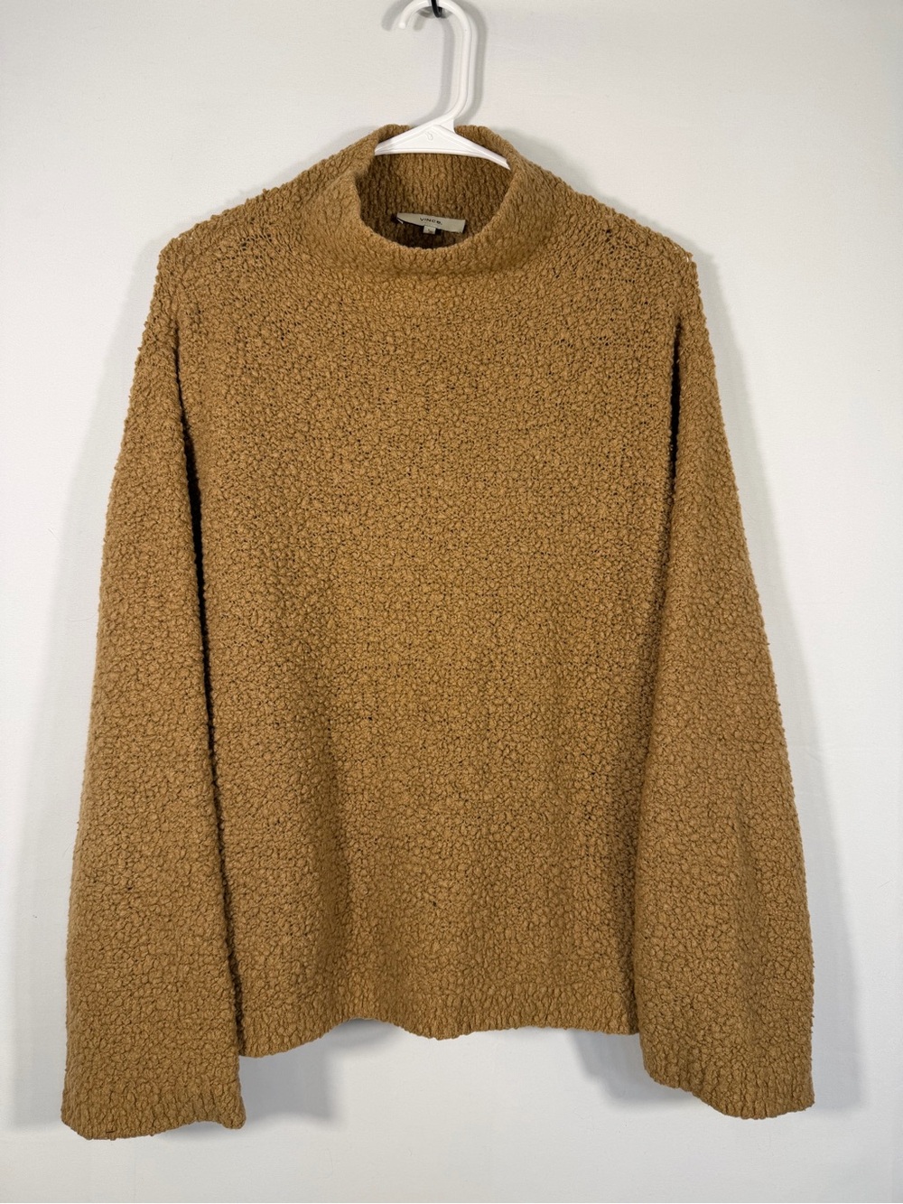 Vince Wool Cashmere Bouclé Mock Neck Sweater Camel Brown Large